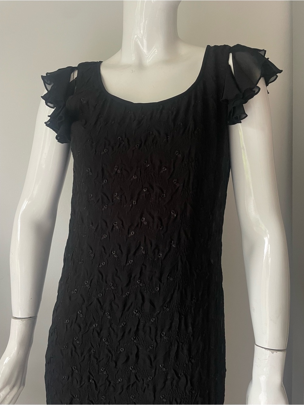 vintage barketti J.Kaur Black Ruffle Hem Evening Dress Sheer Floral Formal Gown - Picture 6 of 10